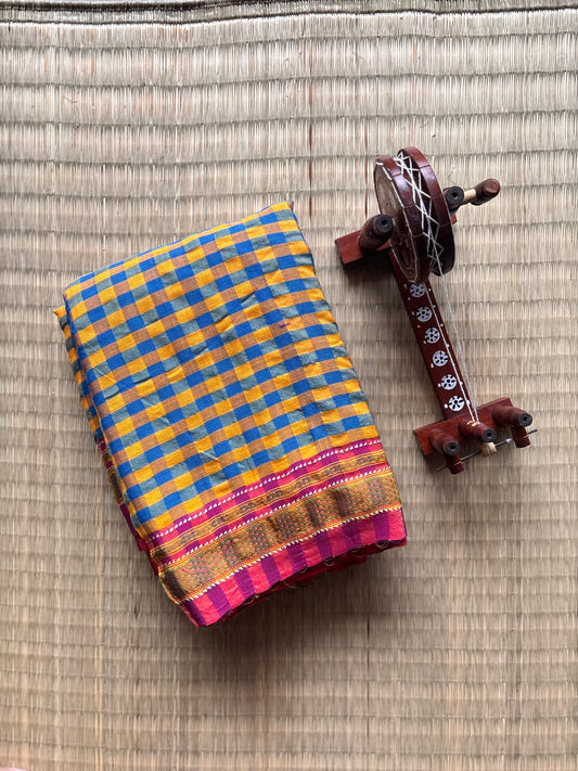 Mustard and Teal Madras Checks Handloom Ilkal Saree