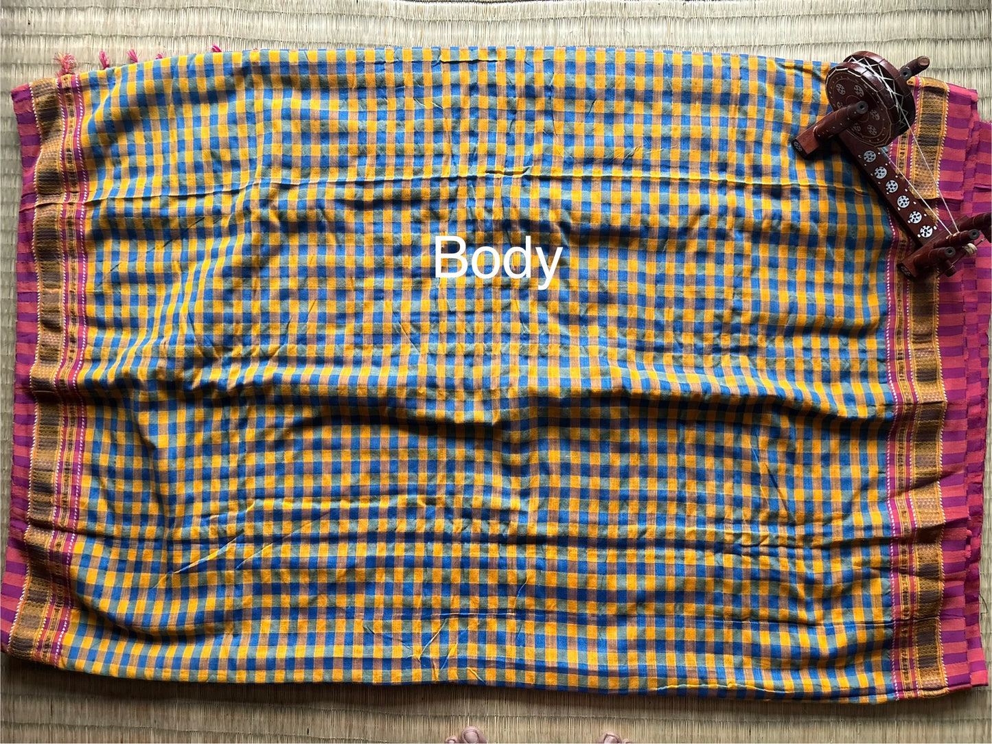 Mustard and Teal Madras Checks Handloom Ilkal Saree