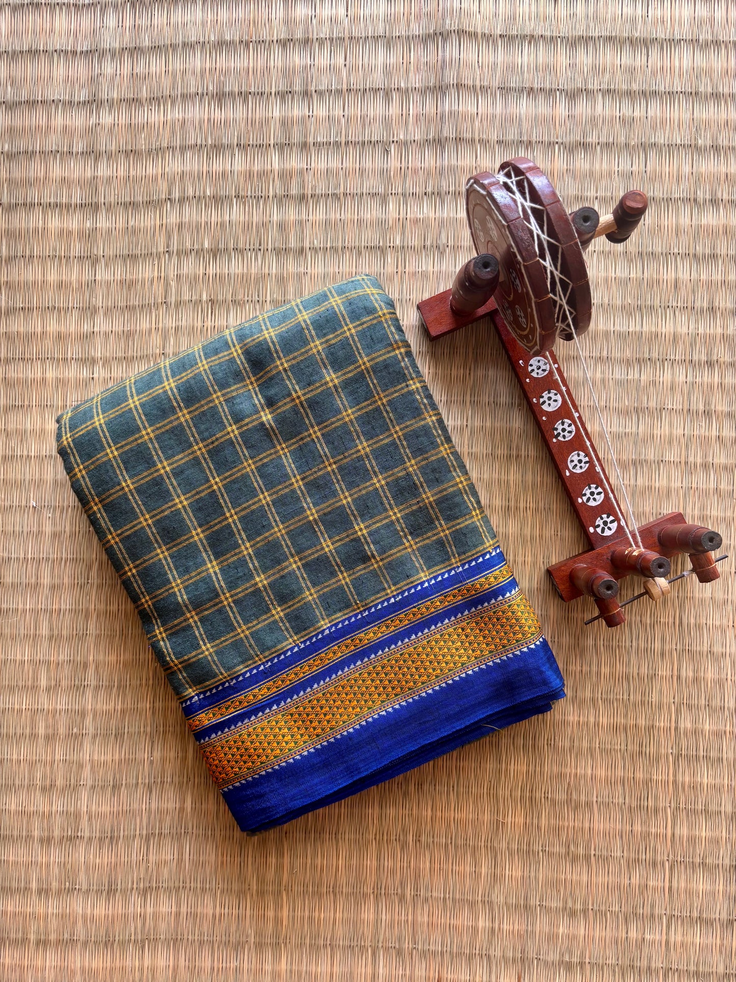 Fern Green and Blue Checks Handloom Ilkal Saree