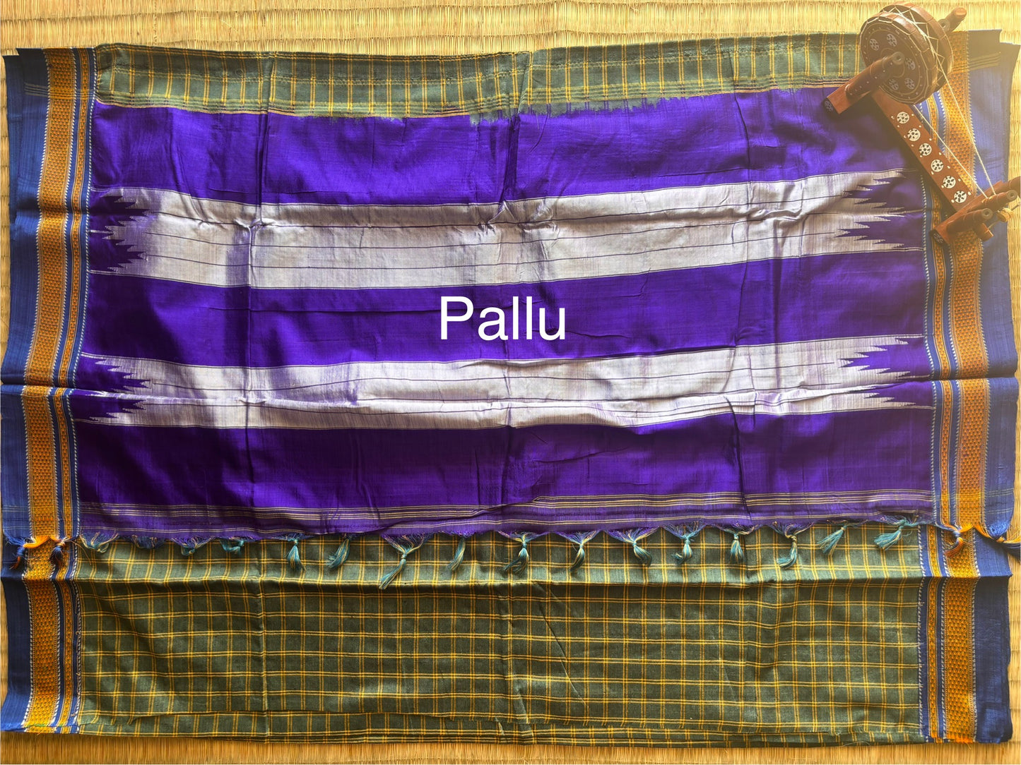 Fern Green and Blue Checks Handloom Ilkal Saree
