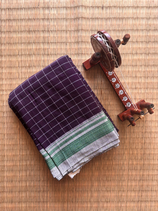 Purple and Grey Checks Handloom Ilkal Saree