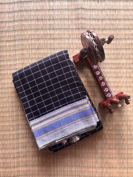 Black and Grey Checks Handloom Ilkal Saree