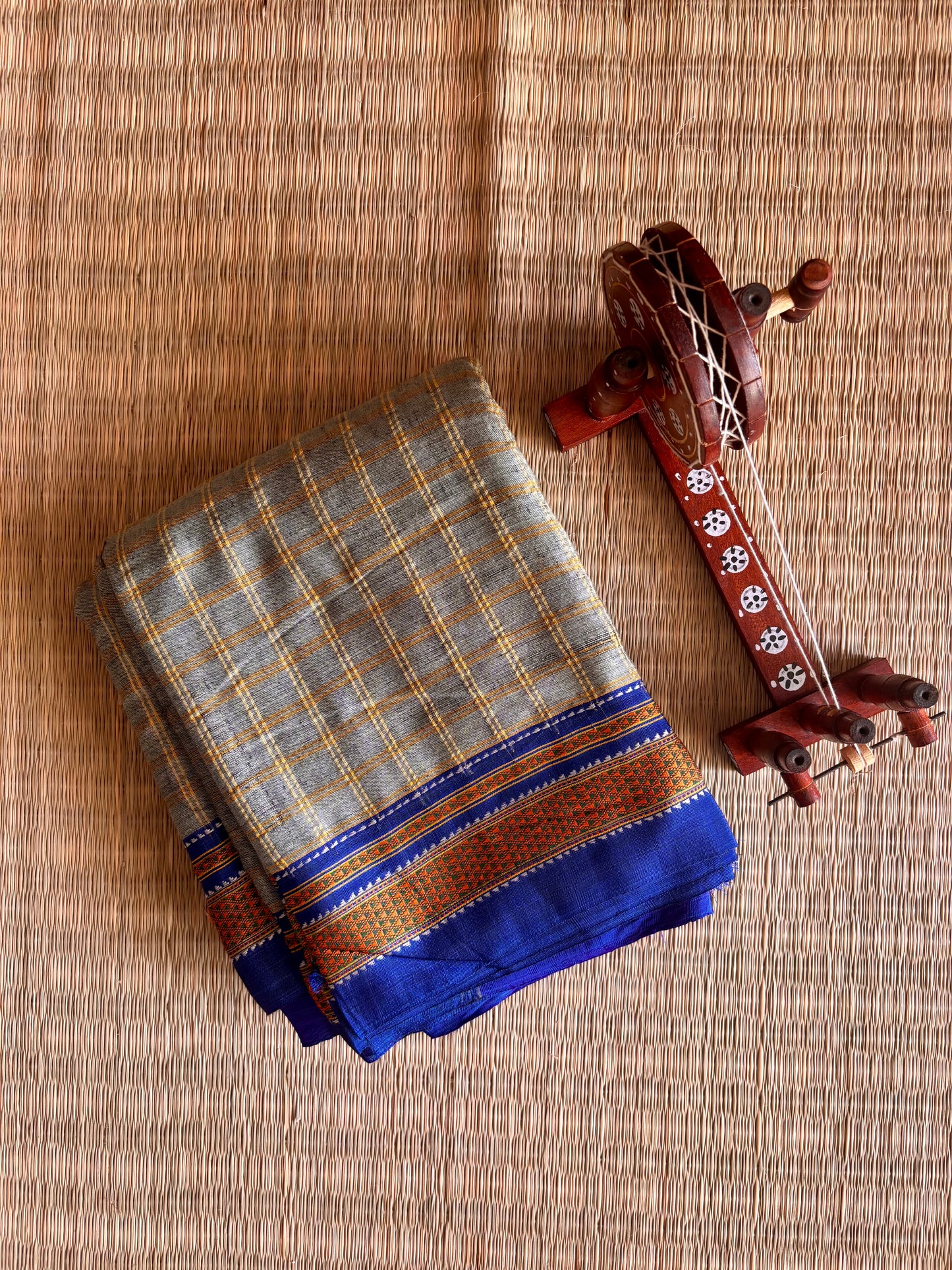 Soft Umber and Blue Checks Handloom Ilkal Saree