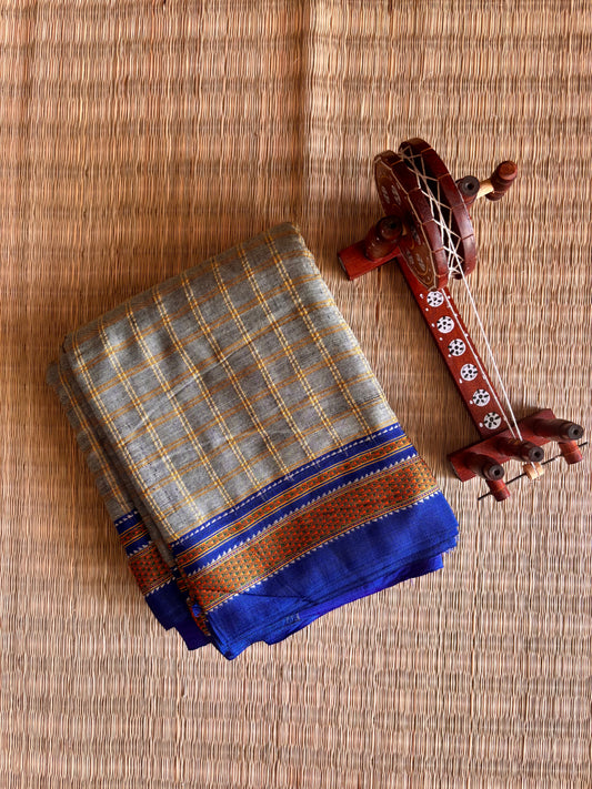Soft Umber and Blue Checks Handloom Ilkal Saree