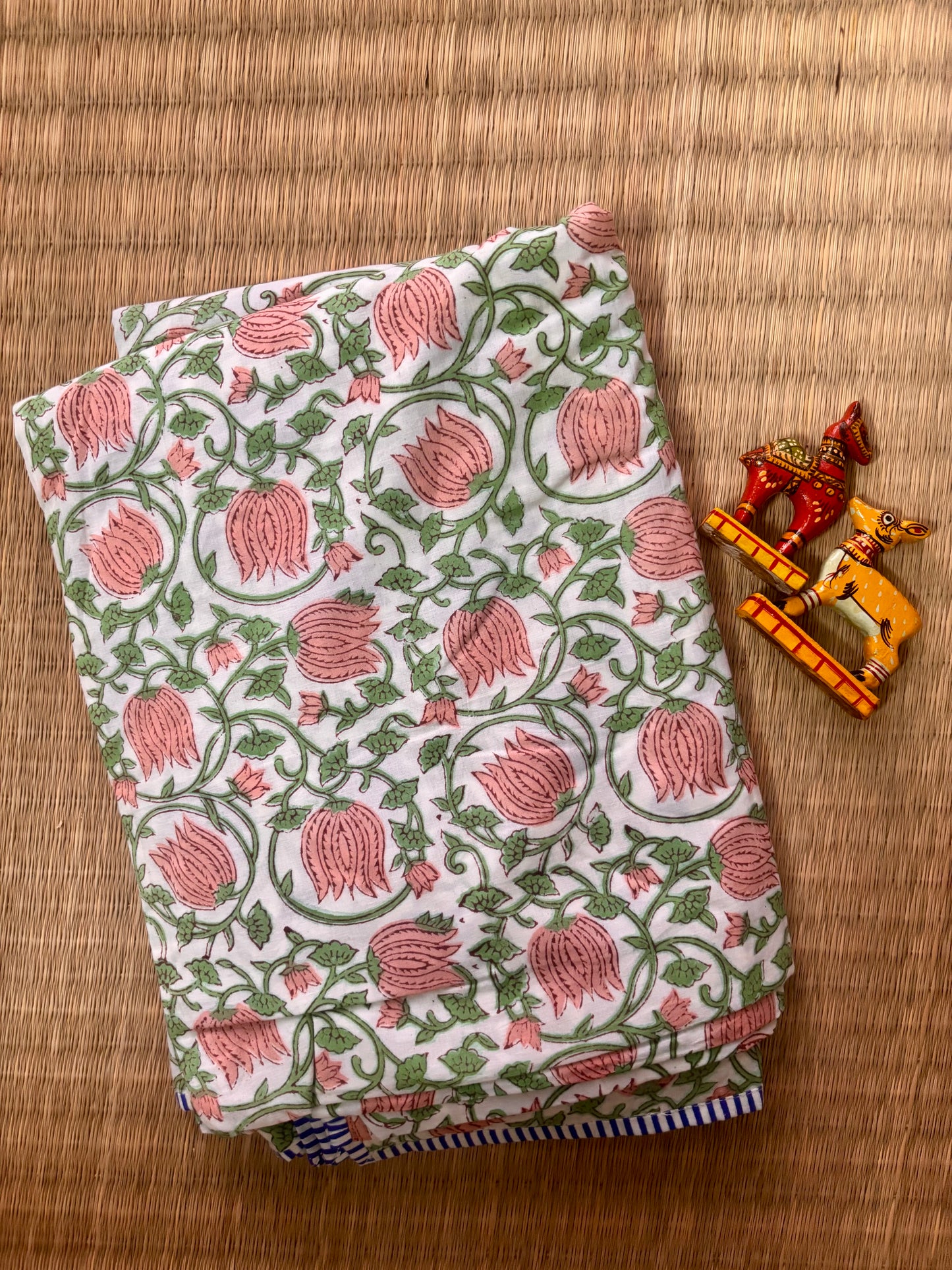 Peach Floral Pure Cotton Sanganeri Hand Printed Dohar