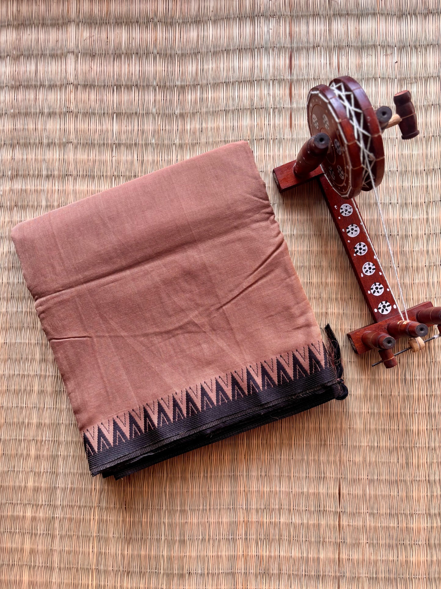 Brown Narayanpet Handloom Cotton Saree with Black Temple Border