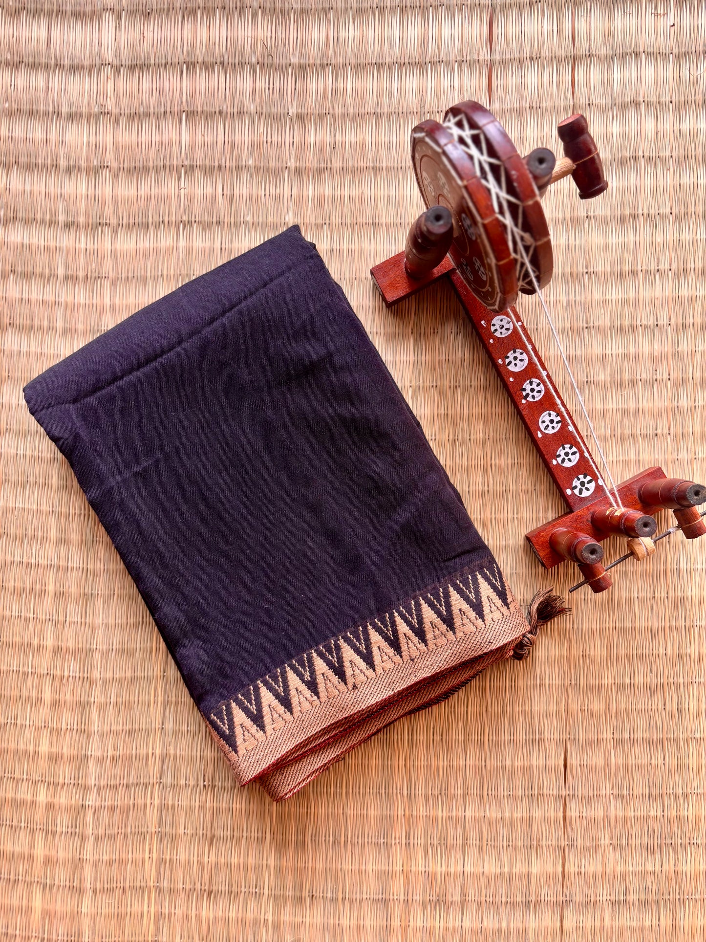 Black Narayanpet Handloom Cotton Saree with Beige Temple Border