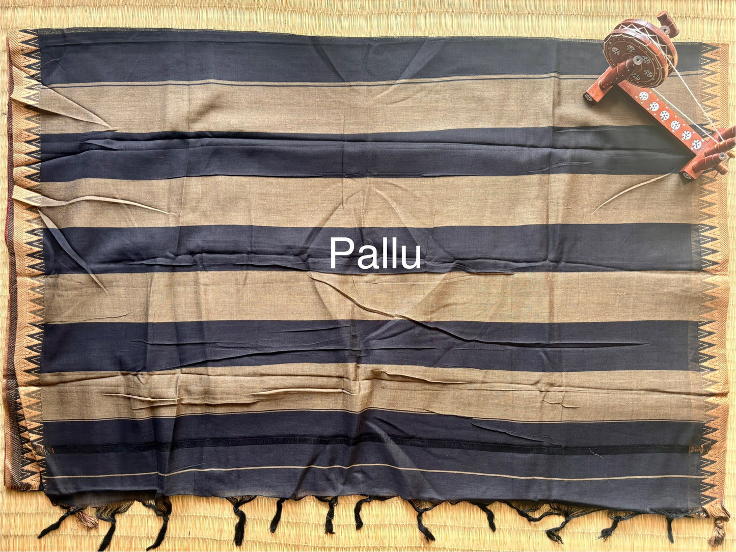 Black Narayanpet Handloom Cotton Saree with Beige Temple Border