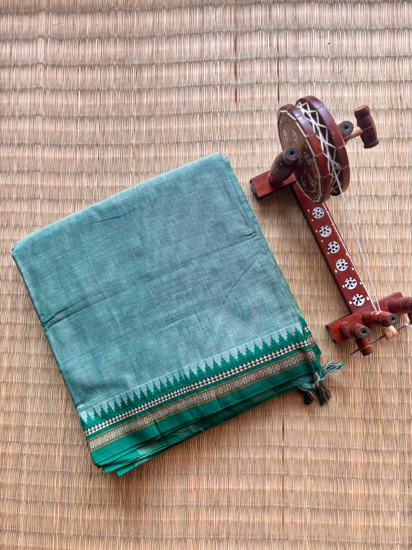 Mint Green Narayanpet Handloom Cotton Saree with Temple Border