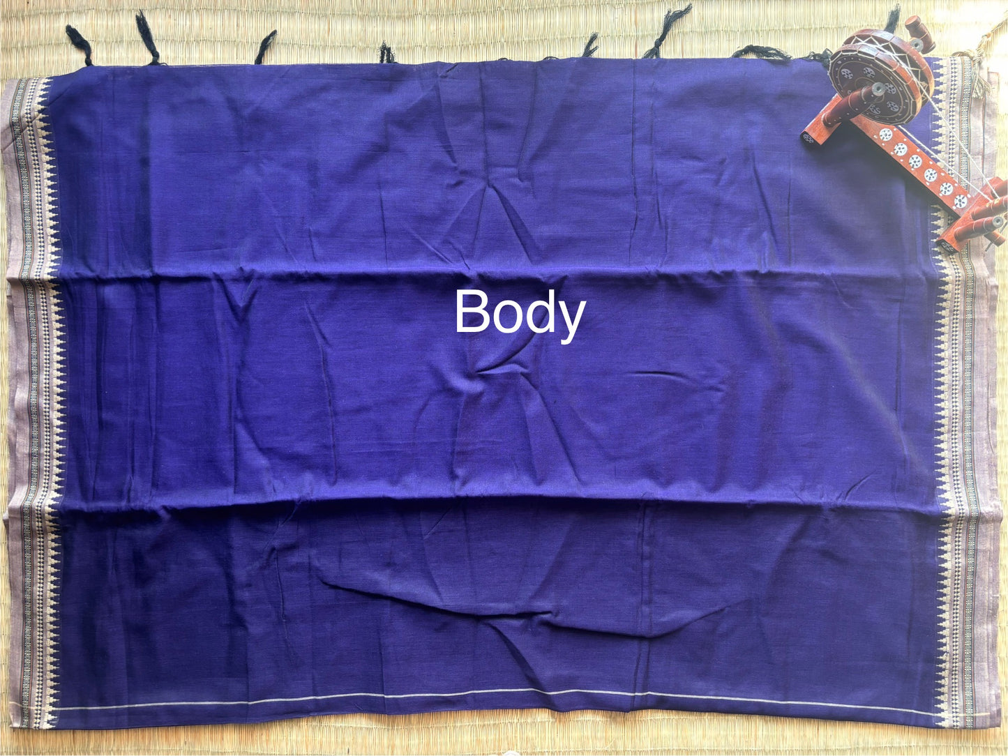 Vivid Blue Narayanpet Handloom Cotton Saree with Beige Temple Border