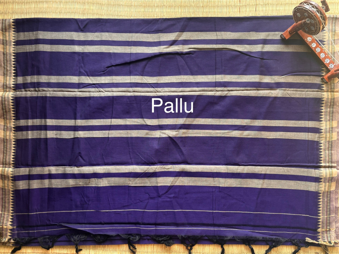 Vivid Blue Narayanpet Handloom Cotton Saree with Beige Temple Border