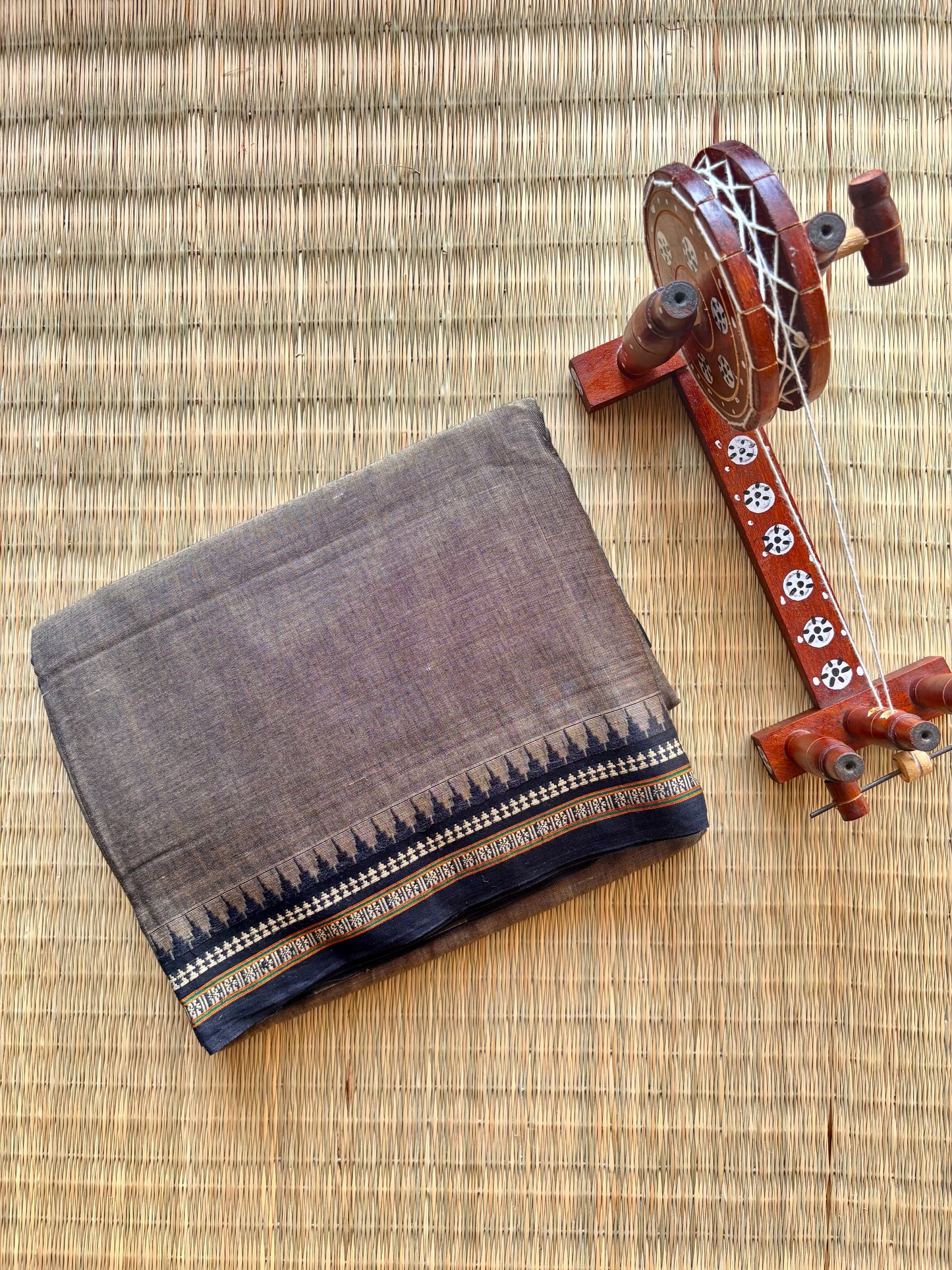 Brown Narayanpet Handloom Cotton Saree with Black Temple Border