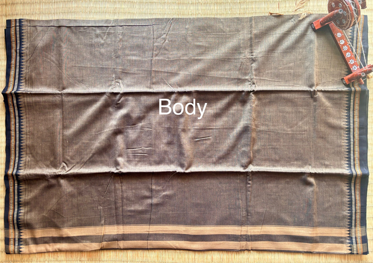 Brown Narayanpet Handloom Cotton Saree with Black Temple Border