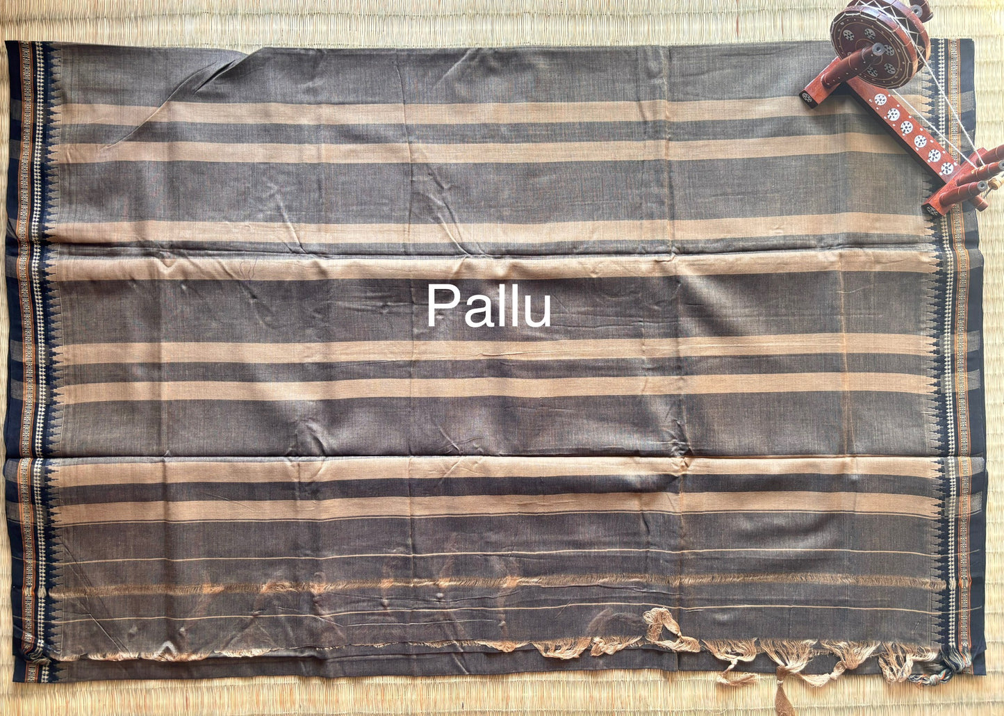 Brown Narayanpet Handloom Cotton Saree with Black Temple Border