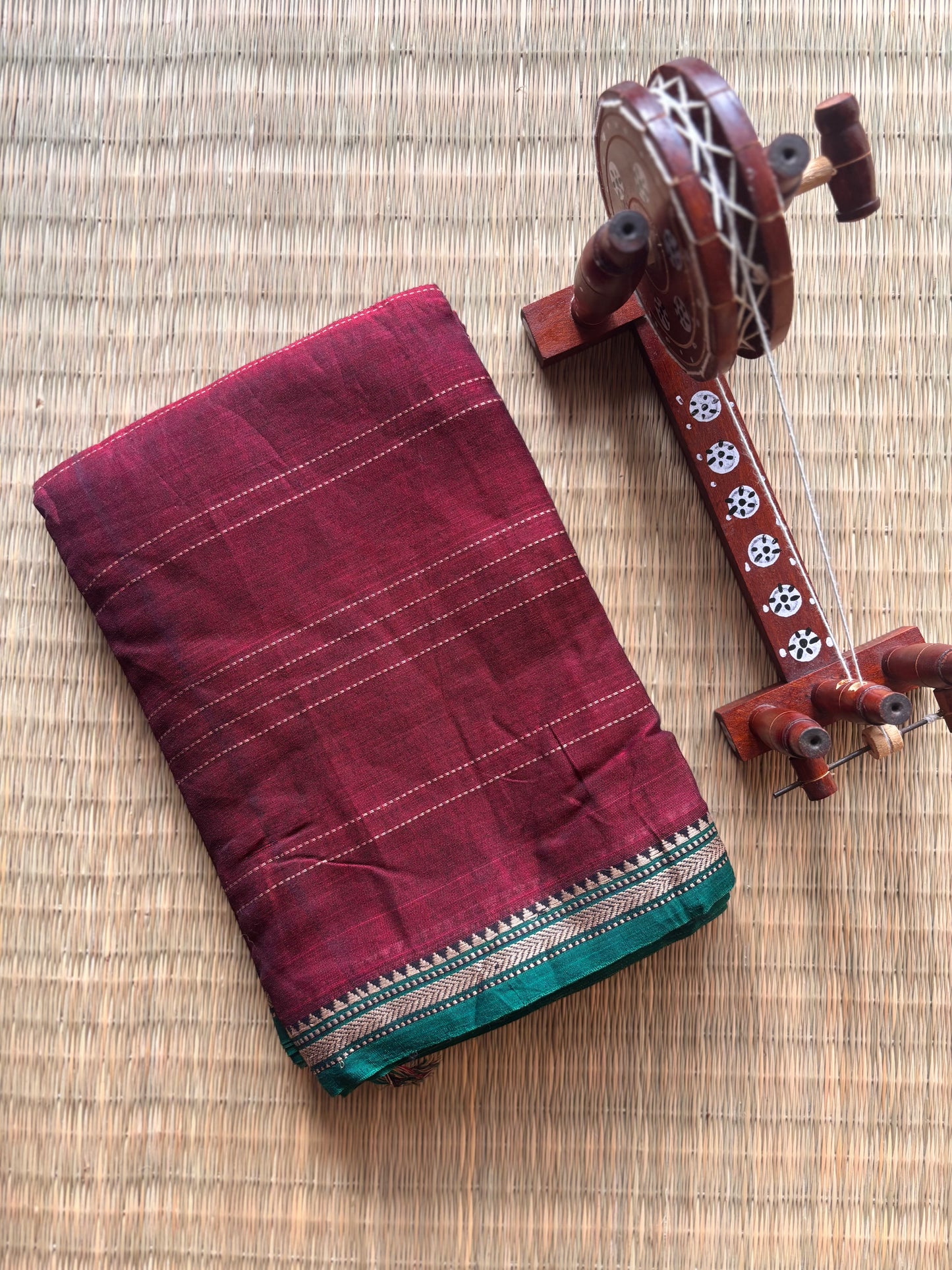 Maroon Narayanpet Handloom Cotton Saree with Green Border
