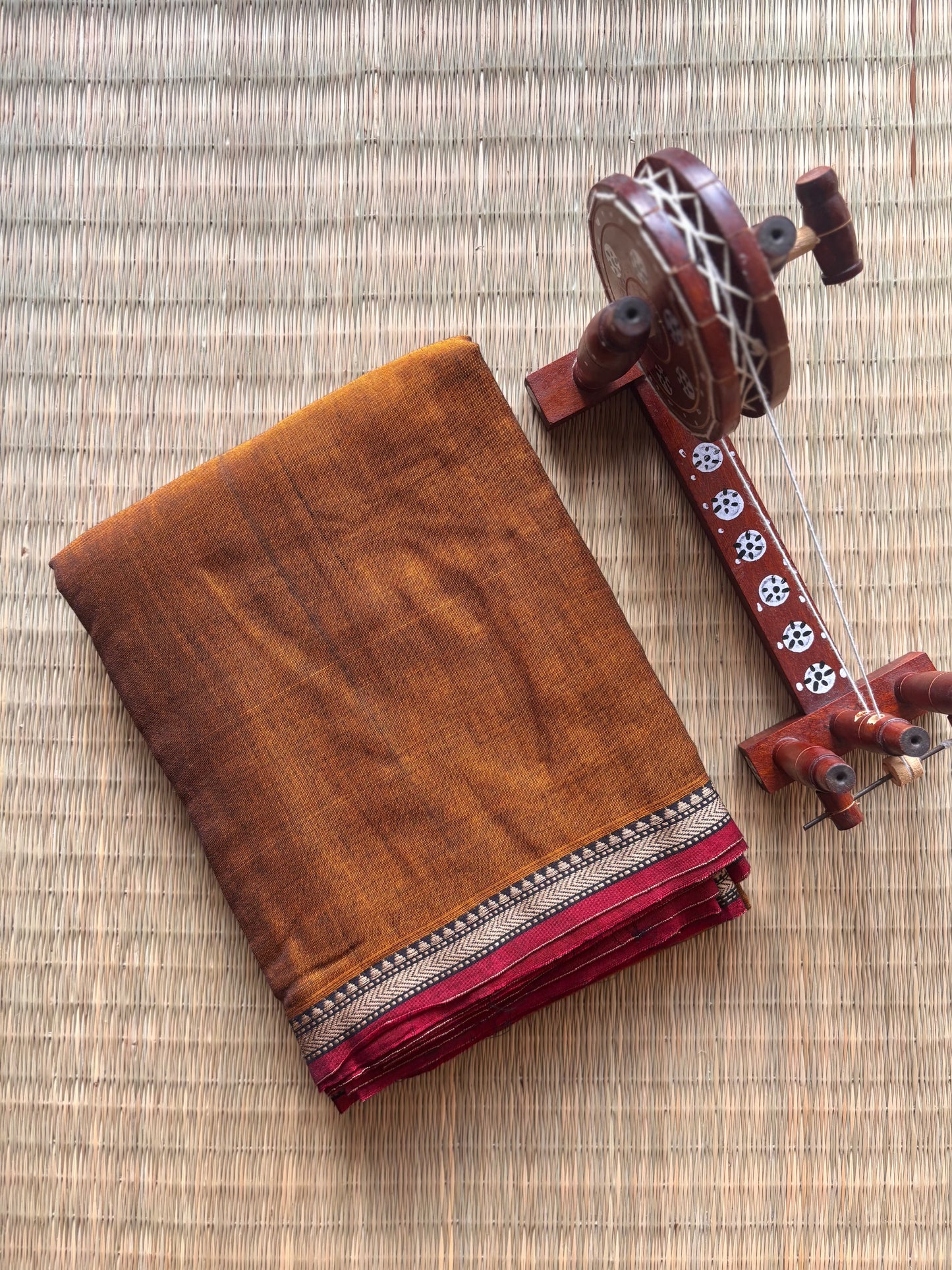 Brown Narayanpet Handloom Cotton Saree with Red Border