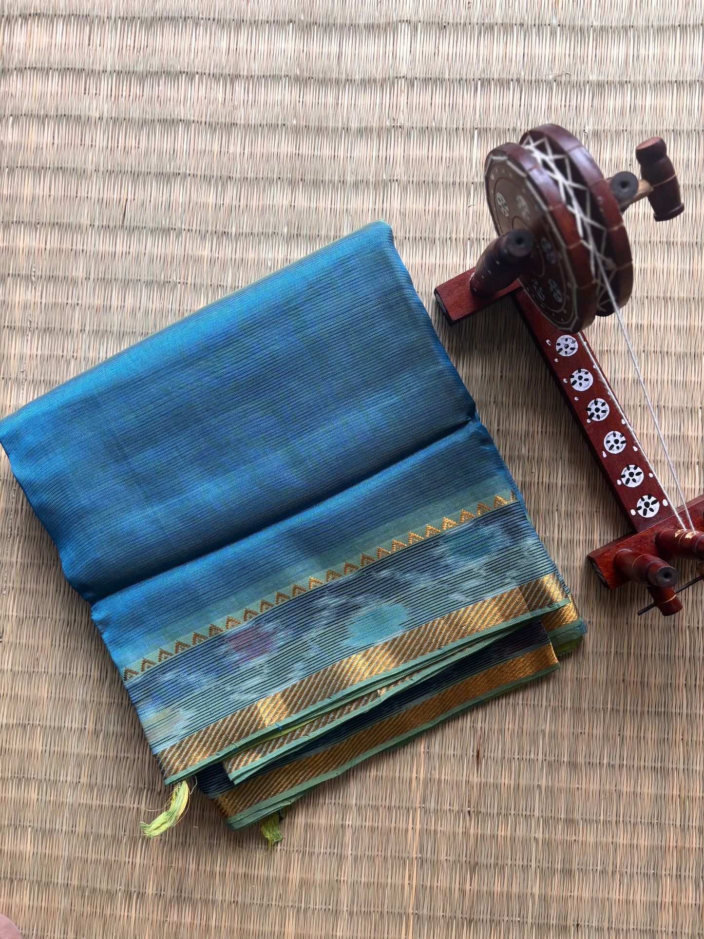 Powder Blue Mangalagiri Handloom Silk Saree with Pochampally Border