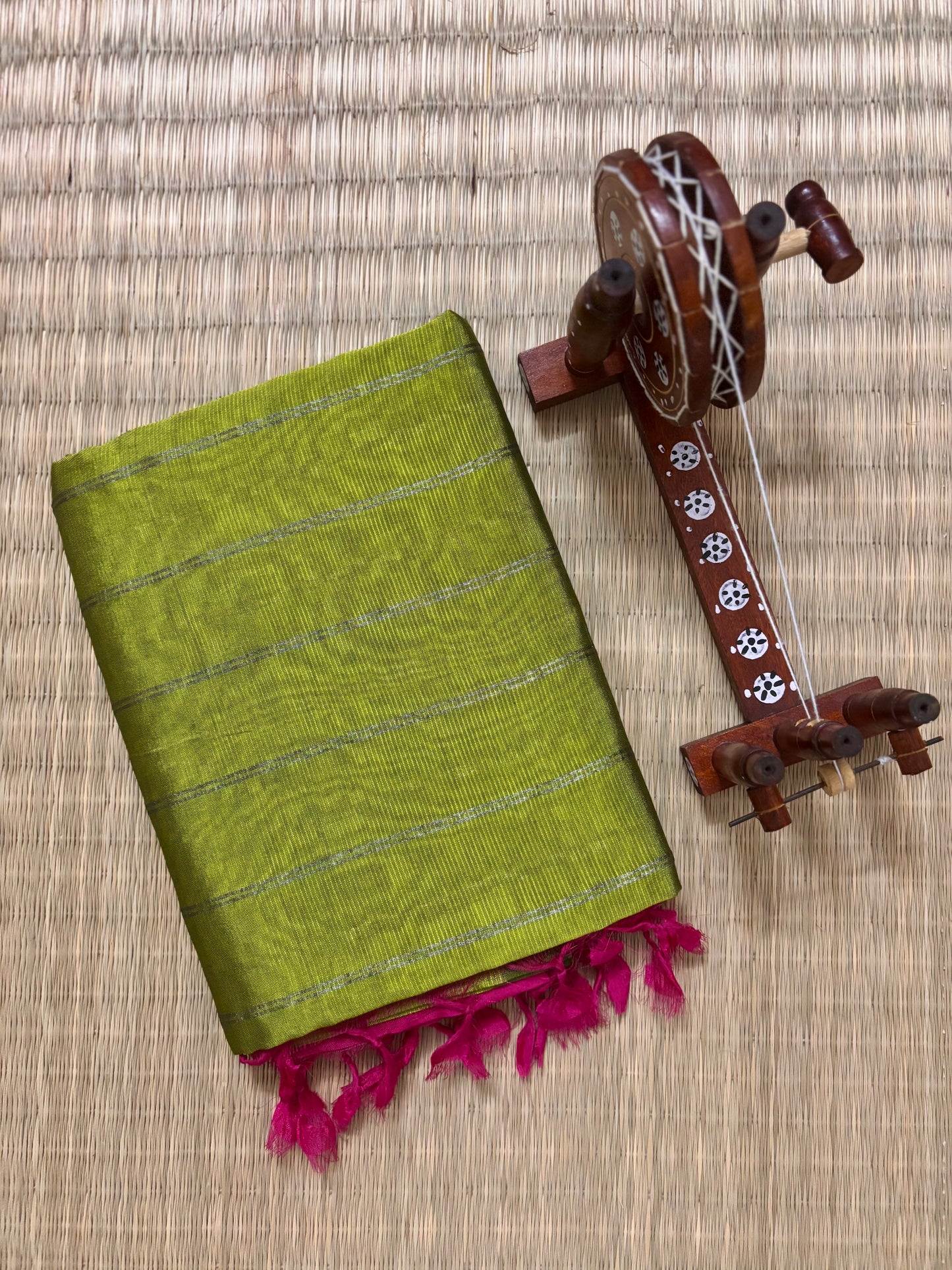 Green Mangalagiri Silk Saree with Straight Zari Lines