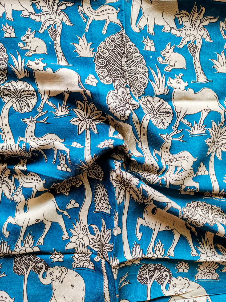 Aqua Blue Kalamkari Silk Blouse Fabric