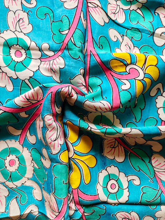 Teal Kalamkari Silk Blouse Fabric
