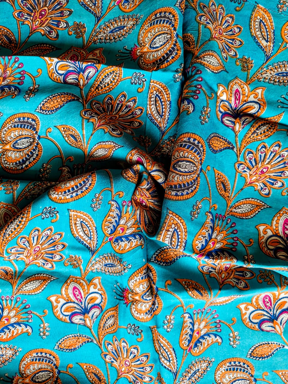 Turquoise Kalamkari Silk Blouse Fabric