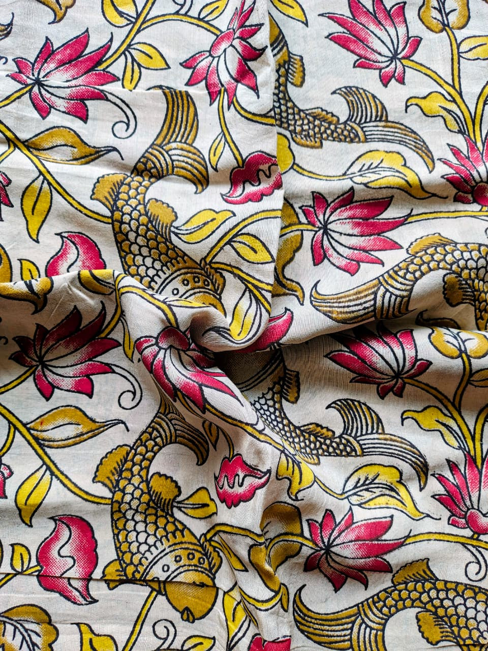 Beige Kalamkari Silk Blouse Fabric
