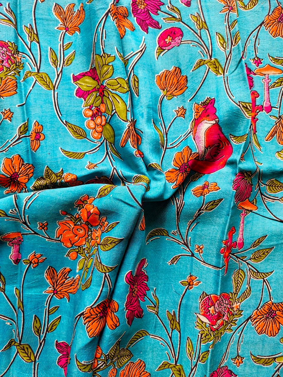 Turquoise & Red Floral Kalamkari Silk Blouse Fabric