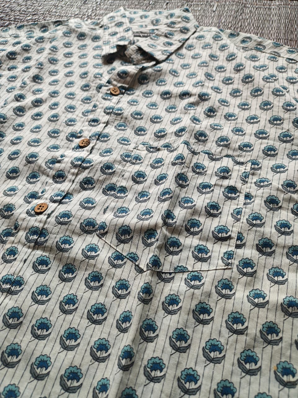 Men's White & Blue Pattern Sanganeri Shirt