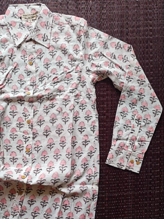 White & Soft Pink Sanganeri Hand Block Printed Full Sleeve Shirt
