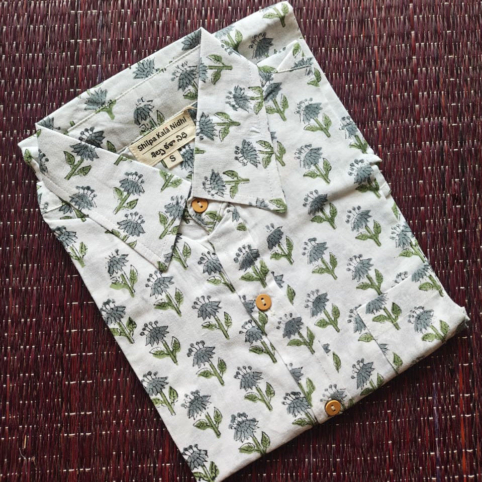 Men's White & Blue Sanganeri Hand Block Printed Shirt
