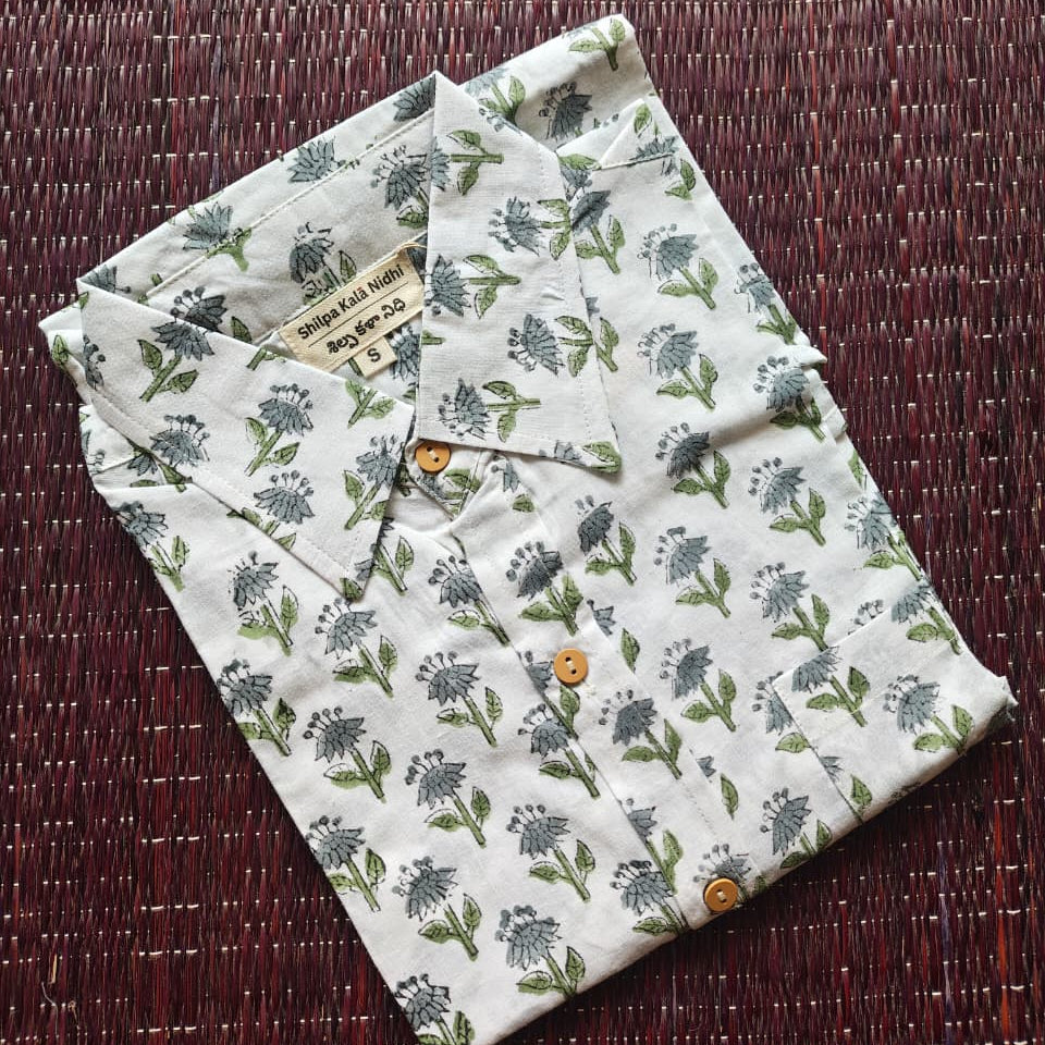 Men's White & Blue Sanganeri Hand Block Printed Full Sleeve Shirt