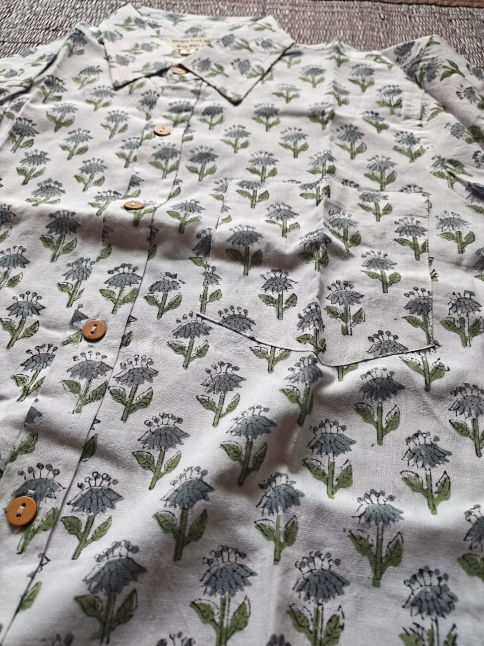 Men's White & Blue Sanganeri Hand Block Printed Full Sleeve Shirt