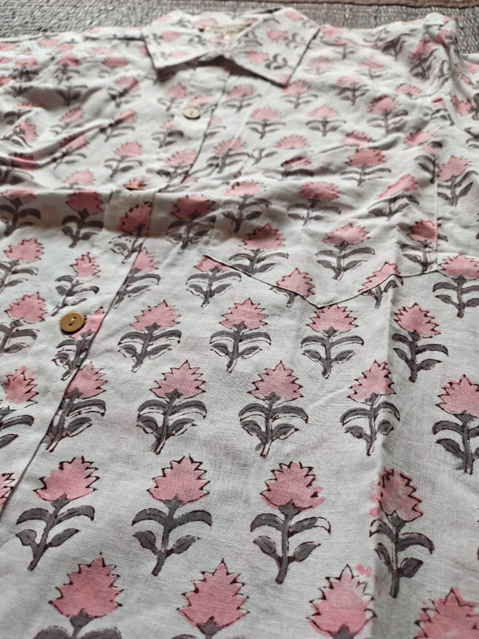 White & Soft Pink Sanganeri Hand Block Printed Full Sleeve Shirt