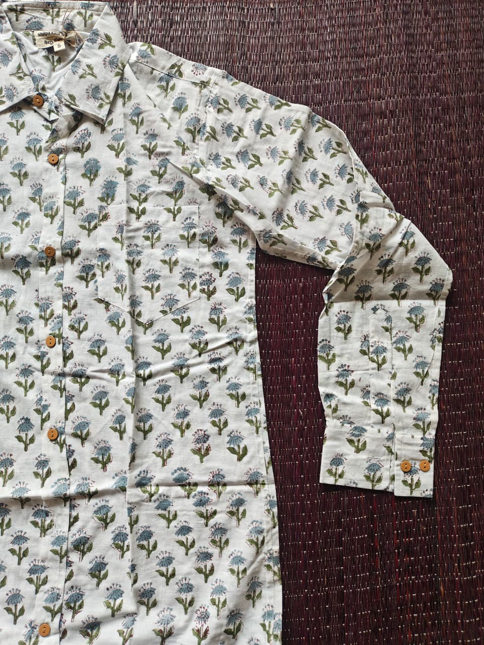 Men's White & Blue Sanganeri Hand Block Printed Full Sleeve Shirt