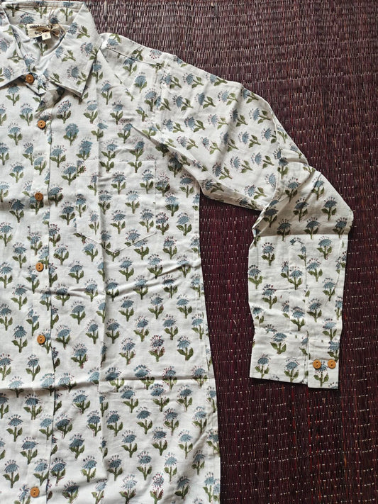 Men's White & Blue Sanganeri Hand Block Printed Full Sleeve Shirt