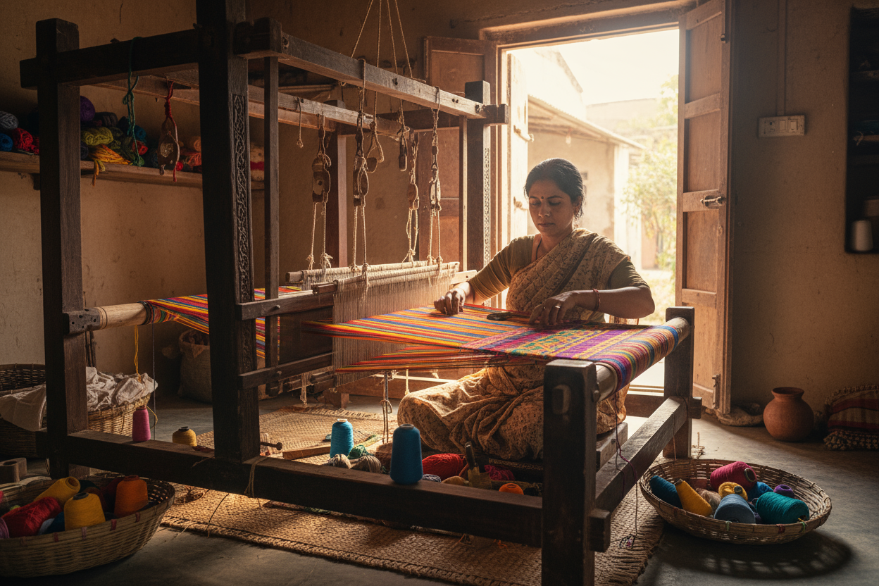 a lady working on an indian handloom using vibrant coloured threads